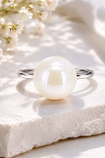 Silver metallic opal white pearl adjustable ring