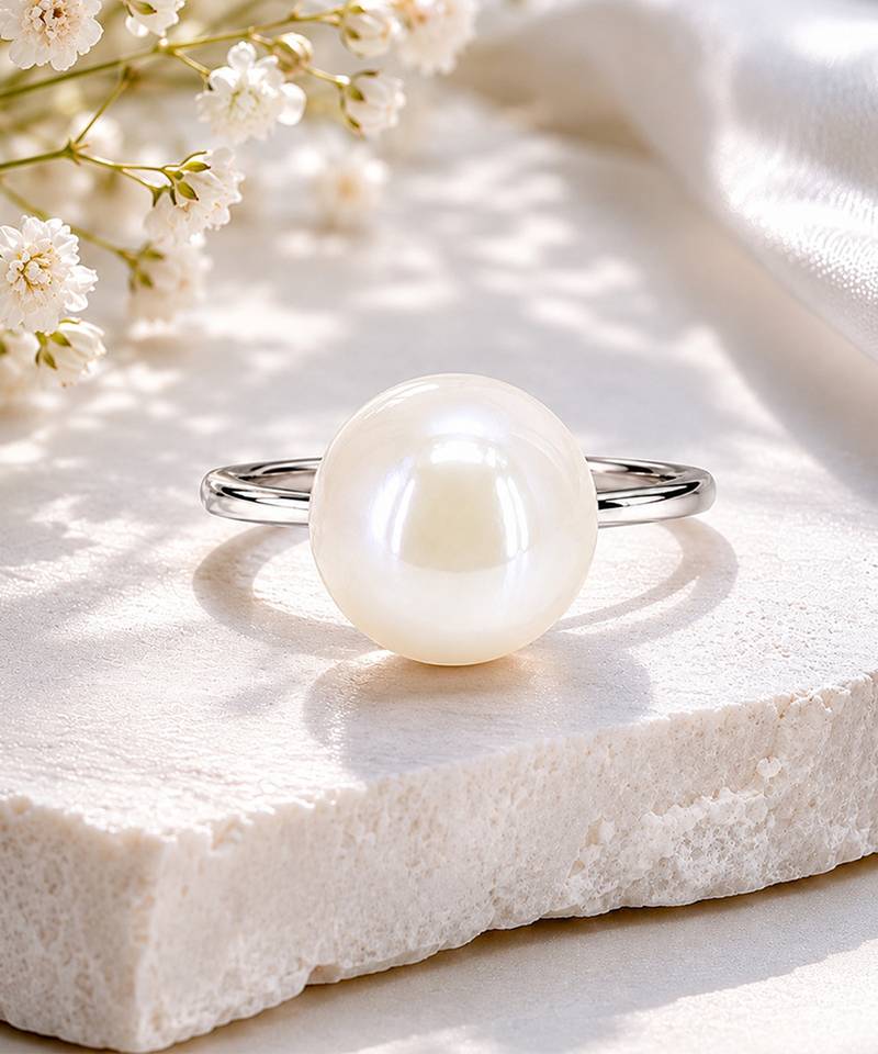 Silver metallic opal white pearl adjustable ring