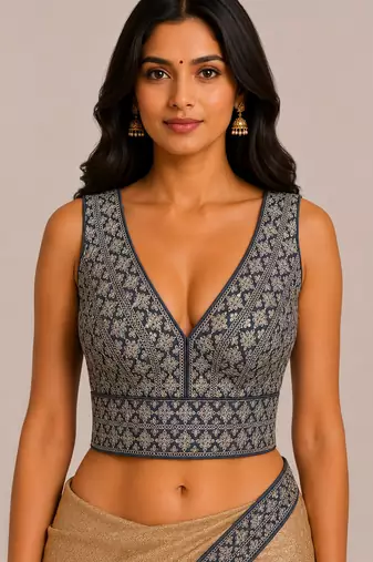 Grey heavy embroidered silk readymade saree blouse for women | designer sequin work bridal blouse