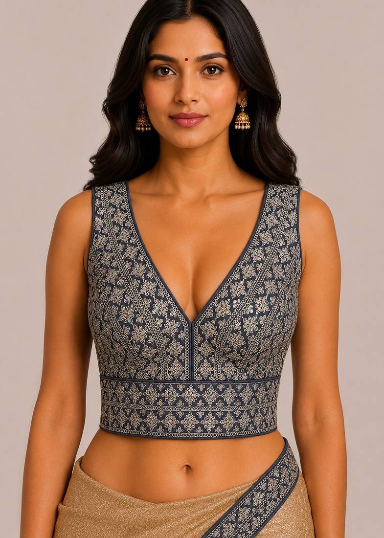 Grey heavy embroidered silk readymade saree blouse for women | designer sequin work bridal blouse