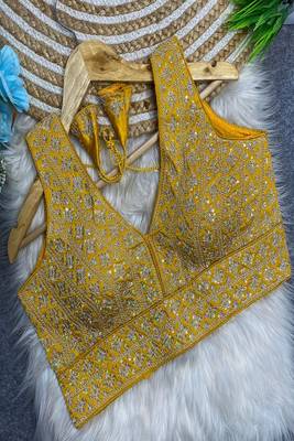 Mustard yellow heavy embroidered silk bridal blouse for women | designer sequin work readymade saree blouse 1