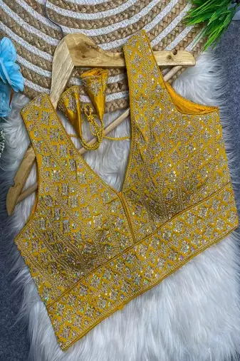 Mustard yellow heavy embroidered silk bridal blouse for women | designer sequin work readymade saree blouse