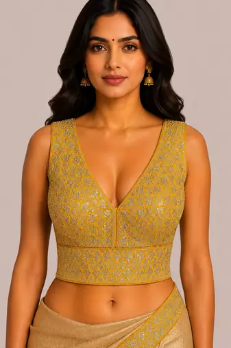 Mustard yellow heavy embroidered silk bridal blouse for women | designer sequin work readymade saree blouse