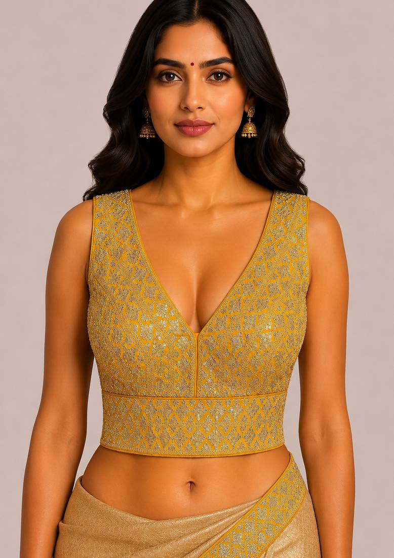 Mustard yellow heavy embroidered silk bridal blouse for women | designer sequin work readymade saree blouse