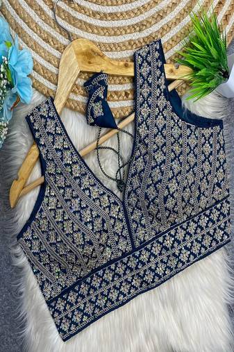 Navy blue heavy embroidered silk bridal blouse for women | designer sequin work readymade saree blouse