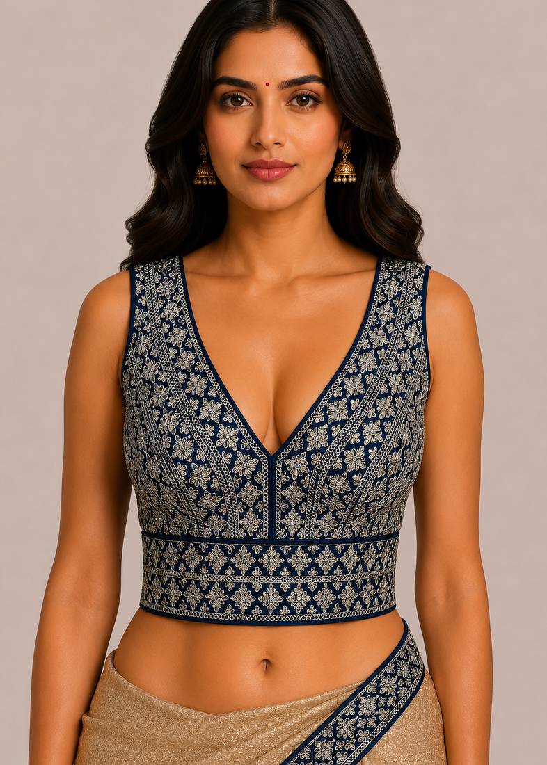 Navy blue heavy embroidered silk bridal blouse for women | designer sequin work readymade saree blouse