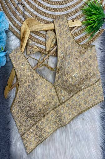 Beige heavy embroidered silk bridal blouse for women | designer sequin work readymade saree blouse