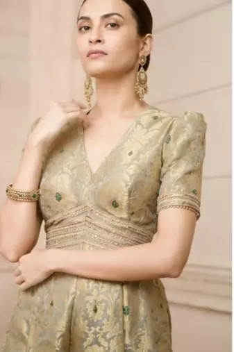 Banarasi Brocade Jumpsuit | Pista Gold Party Wear Ethnic Suit