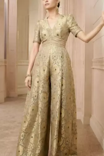 Banarasi Brocade Jumpsuit | Pista Gold Party Wear Ethnic Suit