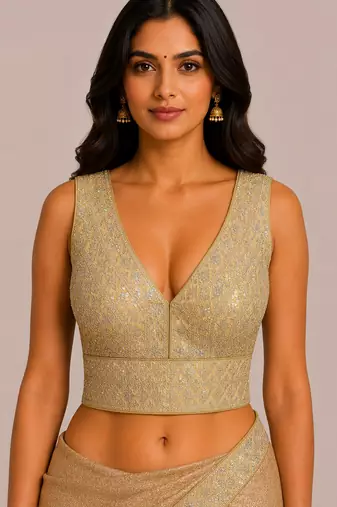Beige heavy embroidered silk bridal blouse for women | designer sequin work readymade saree blouse