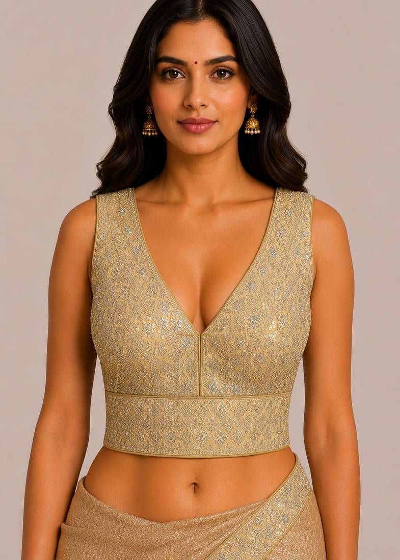 Beige heavy embroidered silk bridal blouse for women | designer sequin work readymade saree blouse