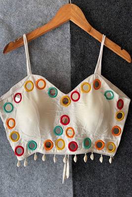 White magic cotton real mirror work sleeveless blouse for women | designer padded back open party wear readymade blouse 2