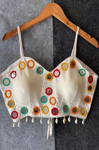 White magic cotton real mirror work sleeveless blouse for women | designer padded back open party wear readymade blouse