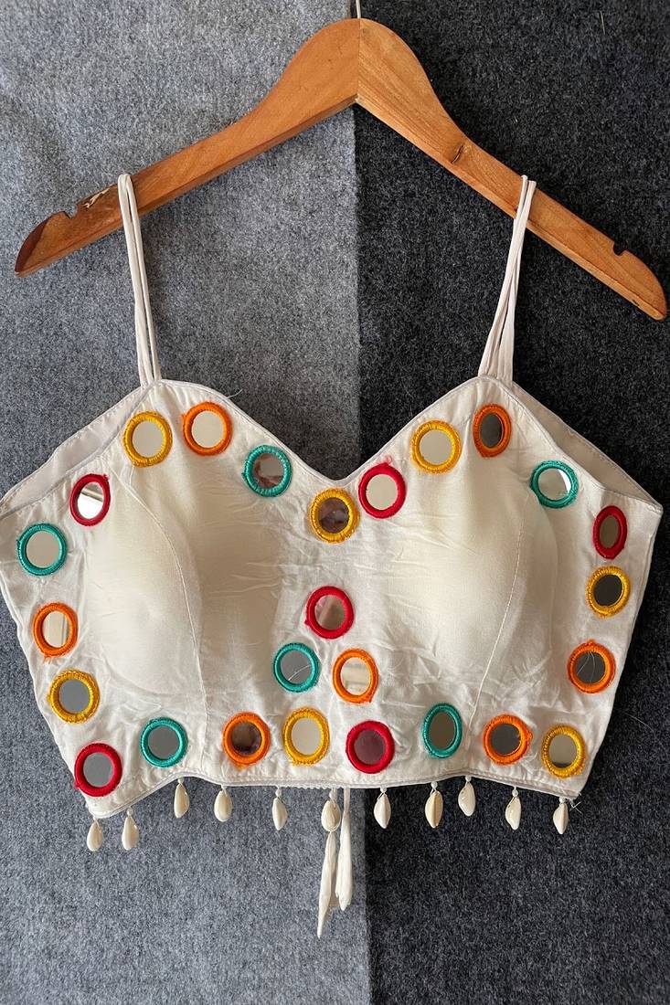 White magic cotton real mirror work sleeveless blouse for women | designer padded back open party wear readymade blouse