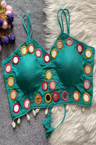 Teal green real mirror work cotton blouse for women | designer sleeveless back open navratri garba