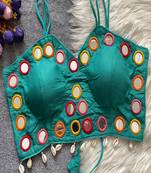 Teal green real mirror work cotton blouse for women | designer sleeveless back open navratri garba