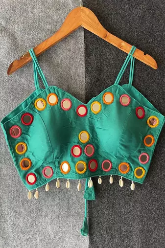 Teal green real mirror work cotton blouse for women | designer sleeveless back open navratri garba