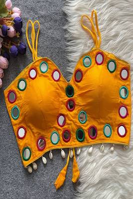 Mustard yellow real mirror work cotton blouse for women | designer sleeveless back open navratri garba 1