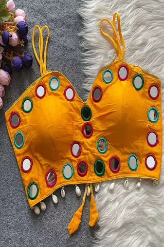 Mustard yellow real mirror work cotton blouse for women | designer sleeveless back open navratri garba