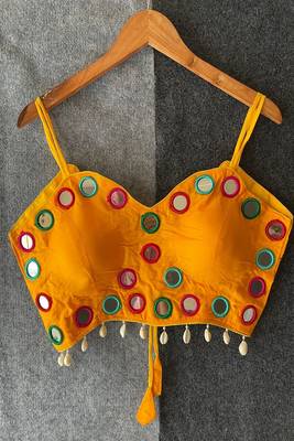 Mustard yellow real mirror work cotton blouse for women | designer sleeveless back open navratri garba 2