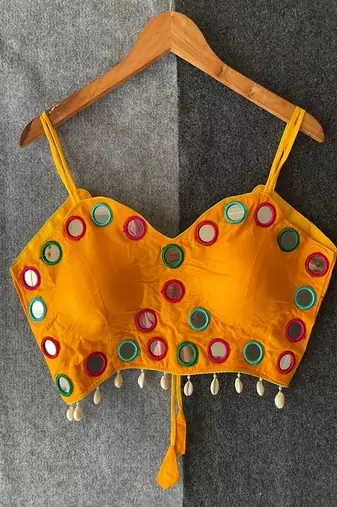 Mustard yellow real mirror work cotton blouse for women | designer sleeveless back open navratri garba