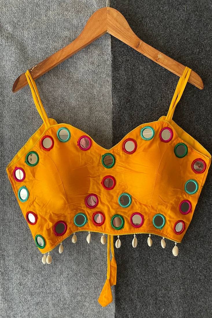Mustard yellow real mirror work cotton blouse for women | designer sleeveless back open navratri garba
