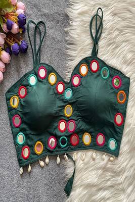 Bottle green real mirror work cotton blouse for women | designer sleeveless back open navratri garba 1
