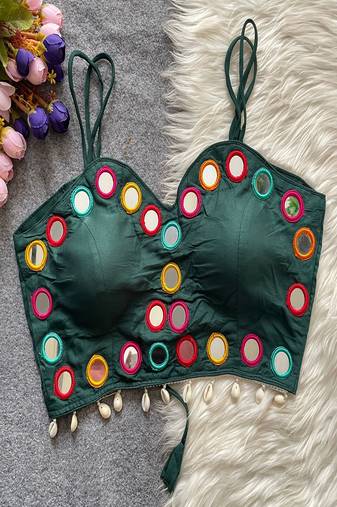 Bottle green real mirror work cotton blouse for women | designer sleeveless back open navratri garba