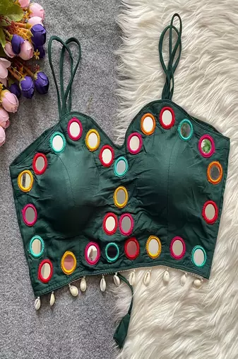 Bottle green real mirror work cotton blouse for women | designer sleeveless back open navratri garba