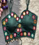 Bottle green real mirror work cotton blouse for women | designer sleeveless back open navratri garba