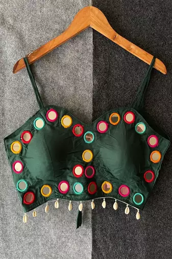 Bottle green real mirror work cotton blouse for women | designer sleeveless back open navratri garba