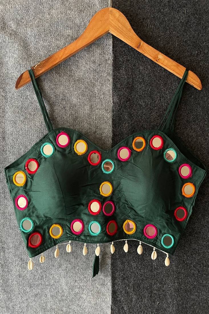 Bottle green real mirror work cotton blouse for women | designer sleeveless back open navratri garba