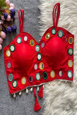 Red real mirror work cotton blouse for women | designer sleeveless back open navratri garba 1