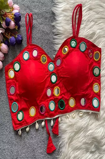 Red real mirror work cotton blouse for women | designer sleeveless back open navratri garba