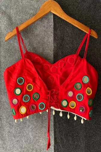 Red real mirror work cotton blouse for women | designer sleeveless back open navratri garba