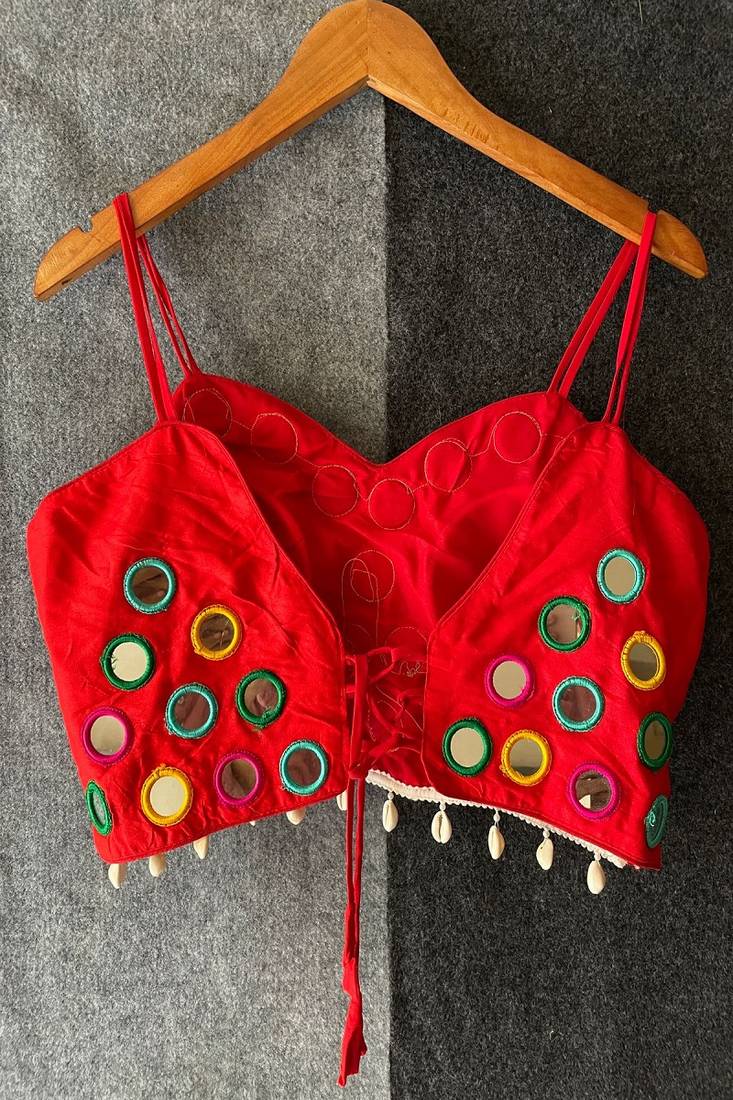 Red real mirror work cotton blouse for women | designer sleeveless back open navratri garba