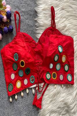Red real mirror work cotton blouse for women | designer sleeveless back open navratri garba 3