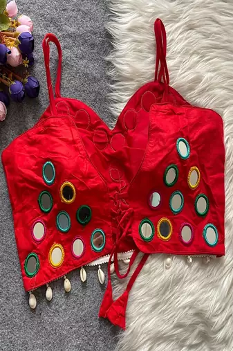 Red real mirror work cotton blouse for women | designer sleeveless back open navratri garba