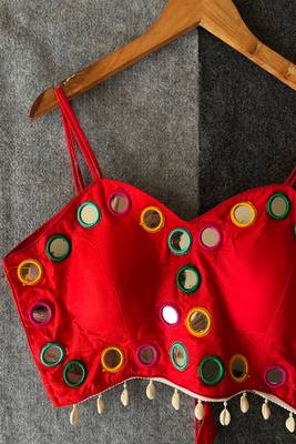 Red real mirror work cotton blouse for women | designer sleeveless back open navratri garba 4