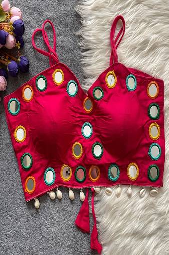 Rani pink real mirror work cotton blouse for women | designer sleeveless back open navratri garba
