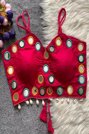 Rani pink real mirror work cotton blouse for women | designer sleeveless back open navratri garba