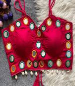 Rani pink real mirror work cotton blouse for women | designer sleeveless back open navratri garba