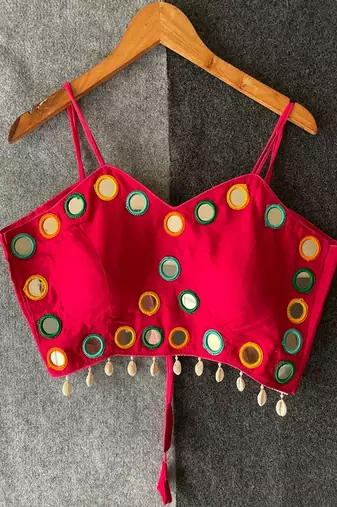 Rani pink real mirror work cotton blouse for women | designer sleeveless back open navratri garba