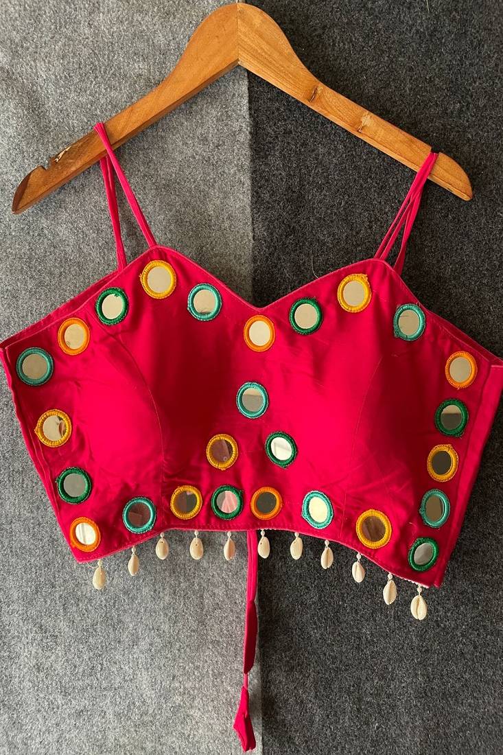 Rani pink real mirror work cotton blouse for women | designer sleeveless back open navratri garba