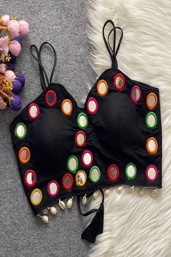 Black real mirror work cotton blouse for women | designer sleeveless back open navratri garba