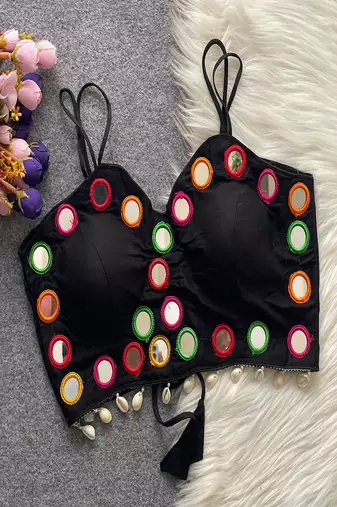 Black real mirror work cotton blouse for women | designer sleeveless back open navratri garba