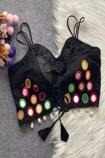 Black real mirror work cotton blouse for women | designer sleeveless back open navratri garba