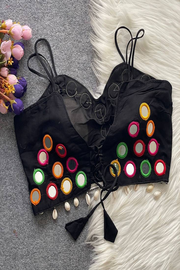 Black real mirror work cotton blouse for women | designer sleeveless back open navratri garba