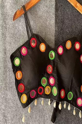 Black real mirror work cotton blouse for women | designer sleeveless back open navratri garba