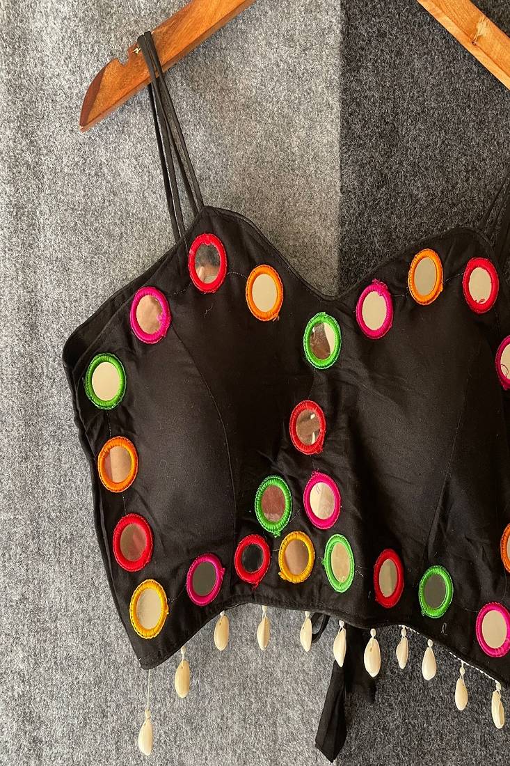Black real mirror work cotton blouse for women | designer sleeveless back open navratri garba